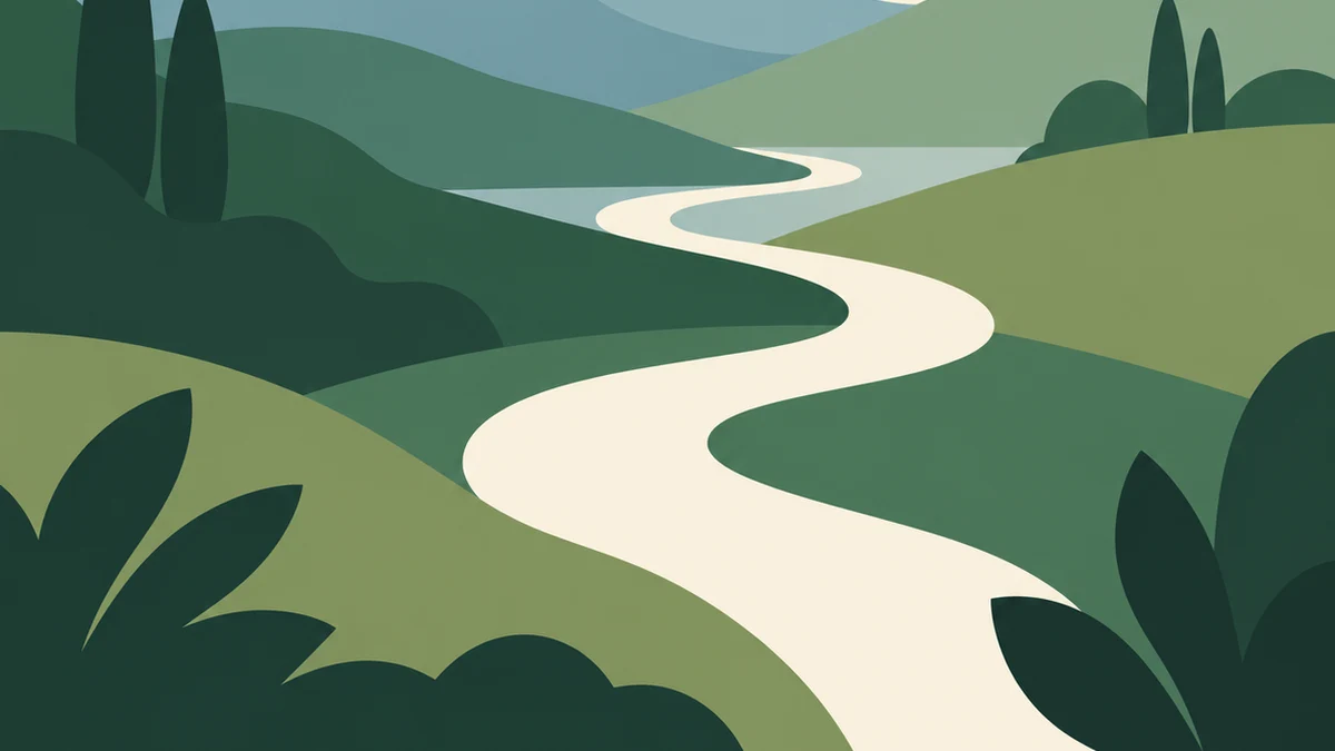 Layered green hills, a winding cream path, and a golden sun.