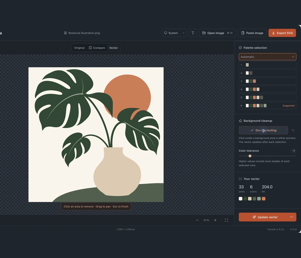 Curvata background area selection controls beside a botanical illustration