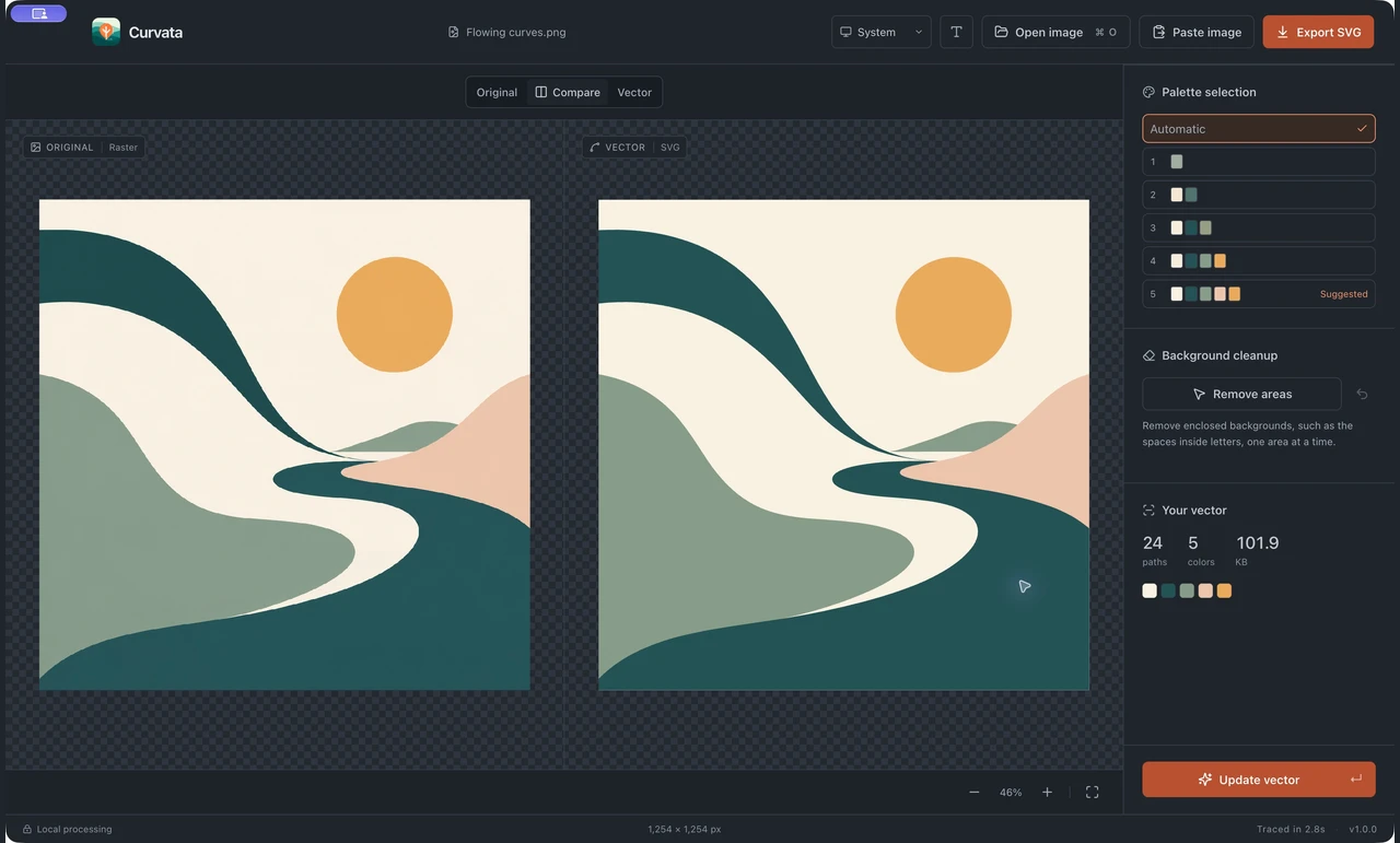 Curvata comparing flowing teal, sage, and peach curves with the vector result