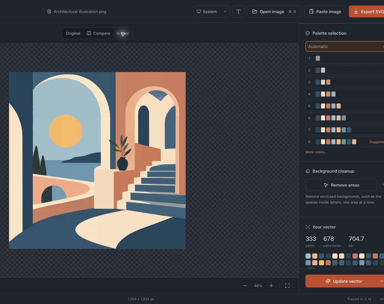 Curvata displaying an architectural illustration as SVG with the Export SVG button