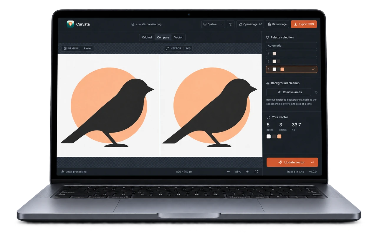 Curvata on a MacBook comparing the original bird illustration with its SVG vector