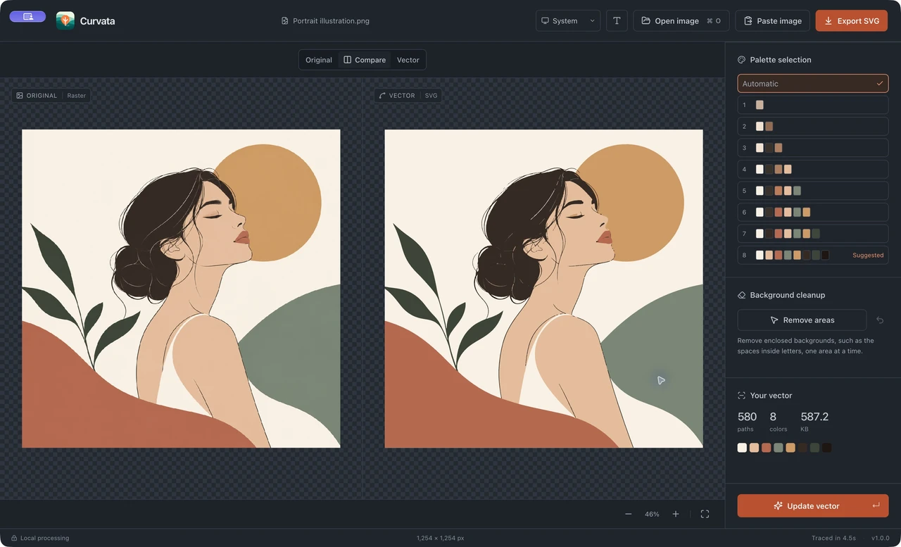 Curvata displaying quick palette presets beside a warm portrait illustration