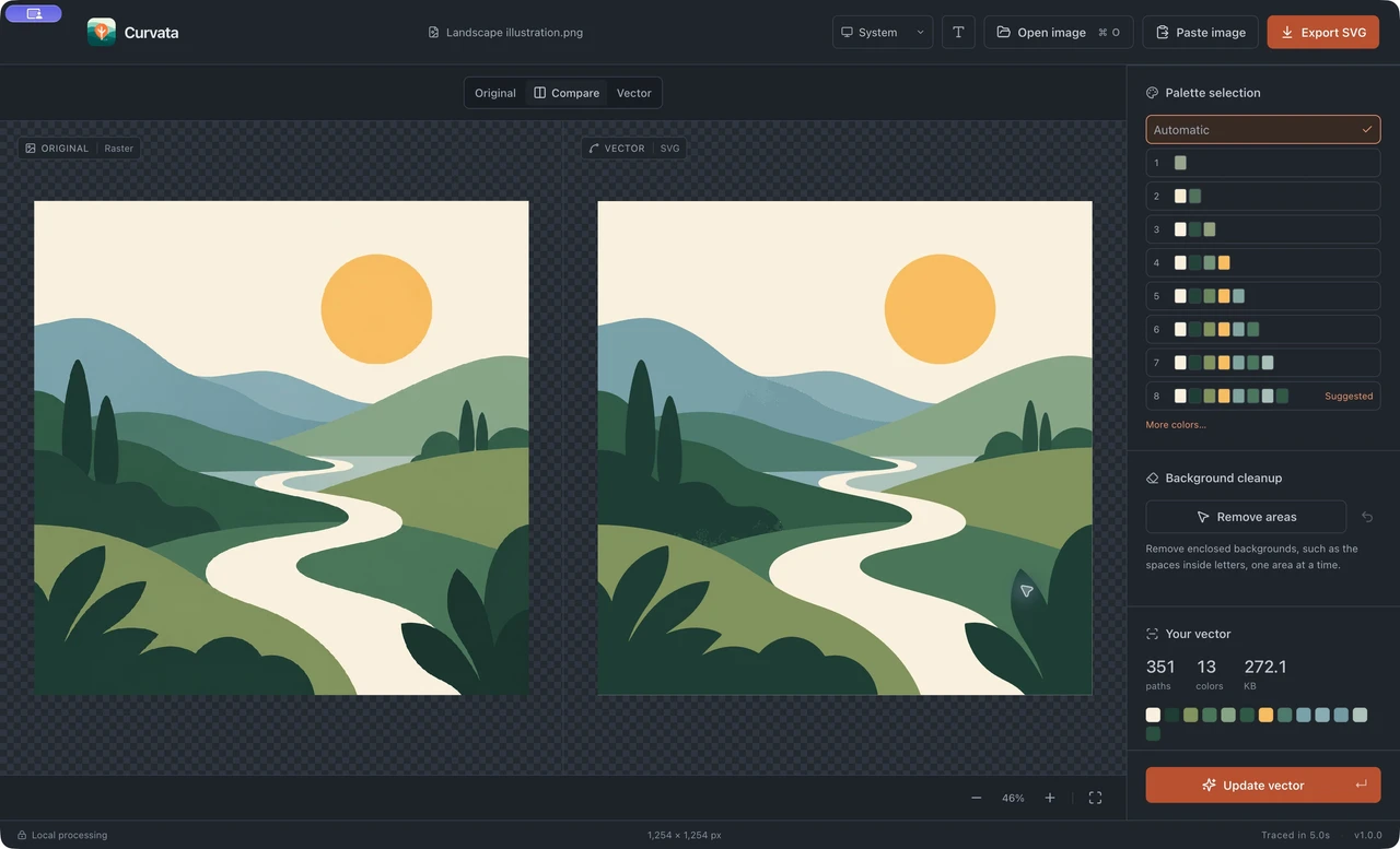 Curvata tracing a landscape illustration with green hills and a golden sun