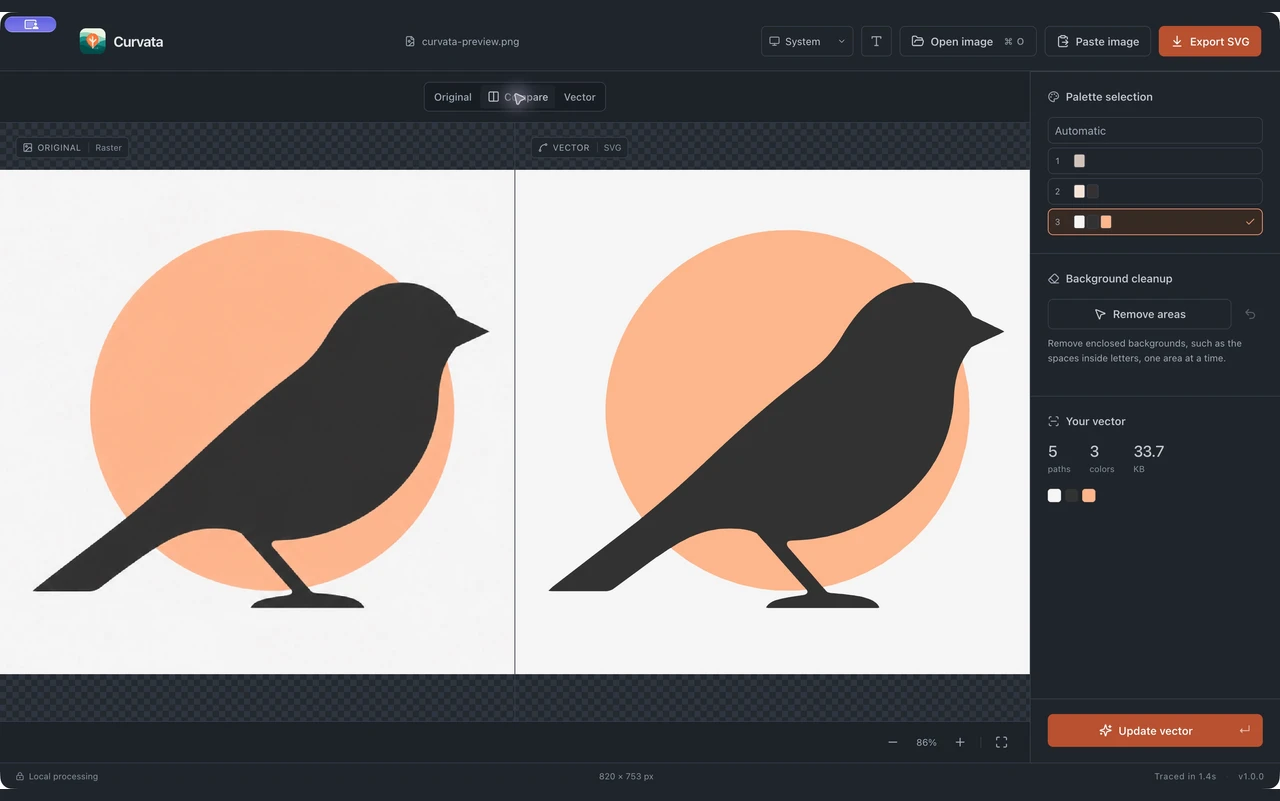 The Curvata workspace comparing original and vector bird illustrations