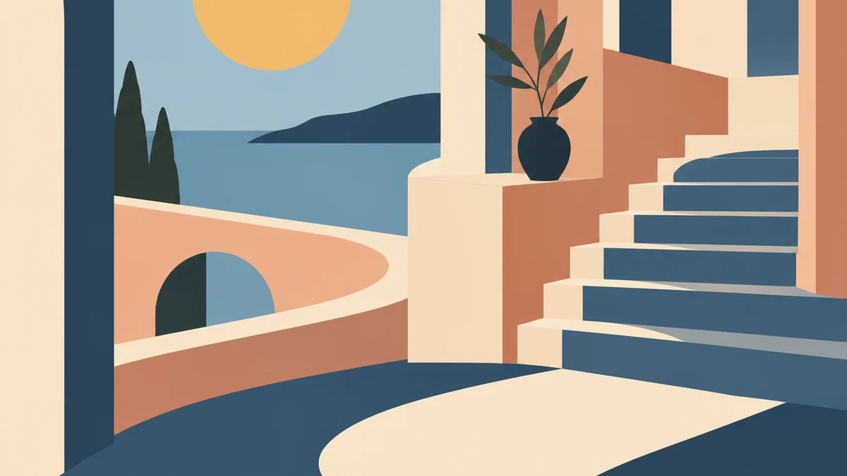 Blue and terracotta architectural arches with a golden sun and steps.