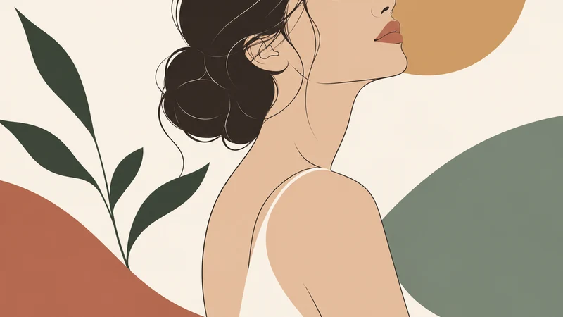A softly shaded profile portrait with botanical leaves and a golden circle.