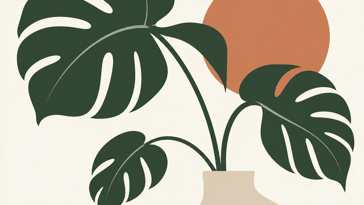 Deep green monstera leaves in a pale vase against a warm background.