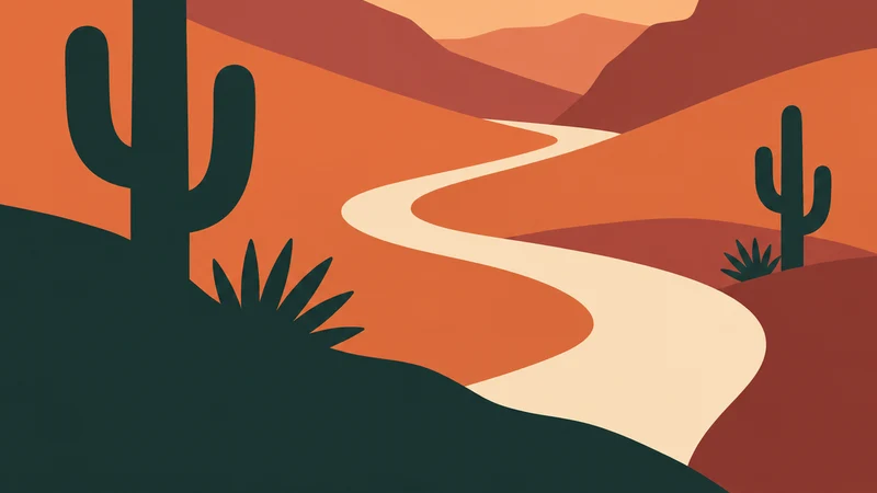 A desert landscape with dark green cacti, orange hills, and a winding path.