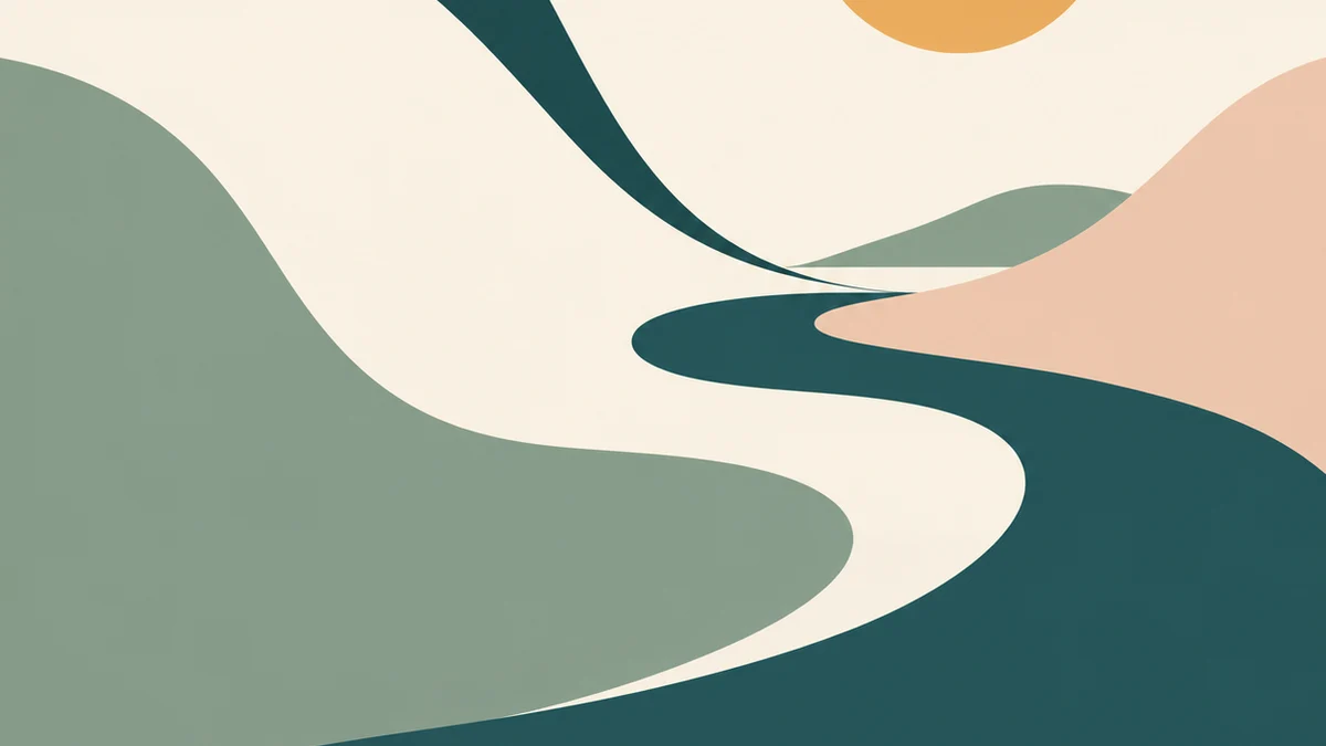 Flowing teal, sage, and peach curves beneath a golden sun.