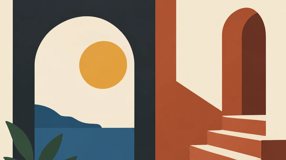 Terracotta steps, pale archways, a blue horizon, and a small potted plant.
