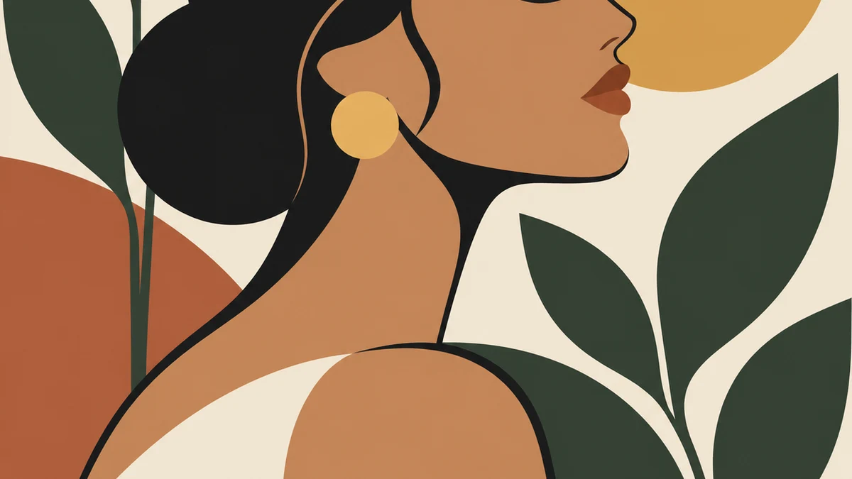 A flat-color profile portrait with dark hair, warm skin tones, and green leaves.