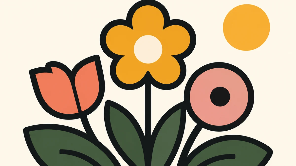 Orange, yellow, and pink flowers with bold dark outlines and green leaves.