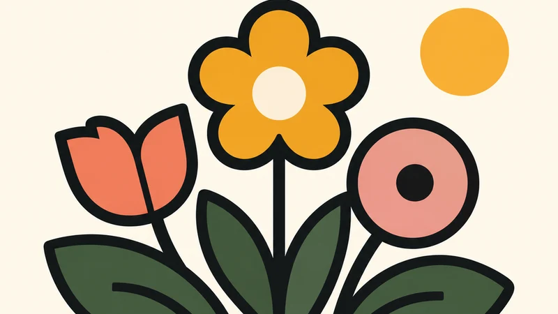 Orange, yellow, and pink flowers with bold dark outlines and green leaves.