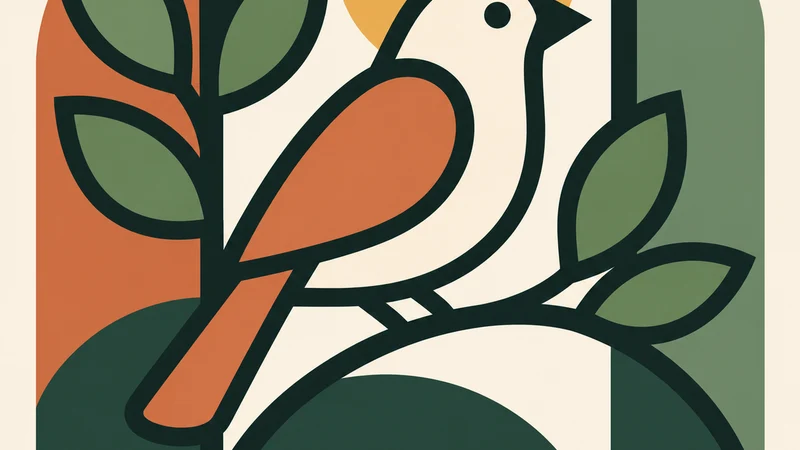 A bold outlined bird among green leaves, framed by a rounded arch.